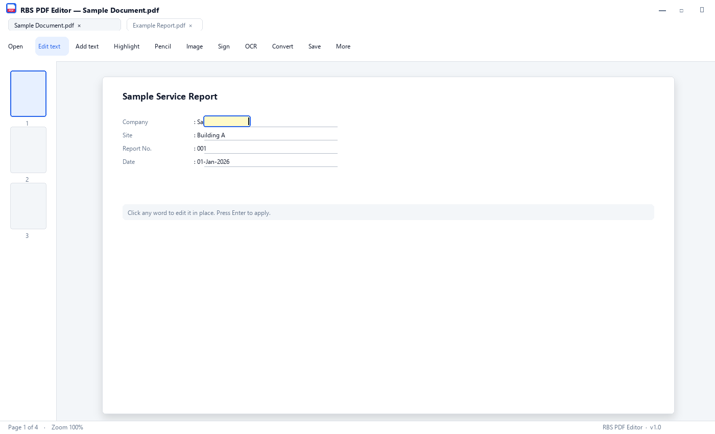 RBS PDF Editor — screenshot of the free Windows app in action
