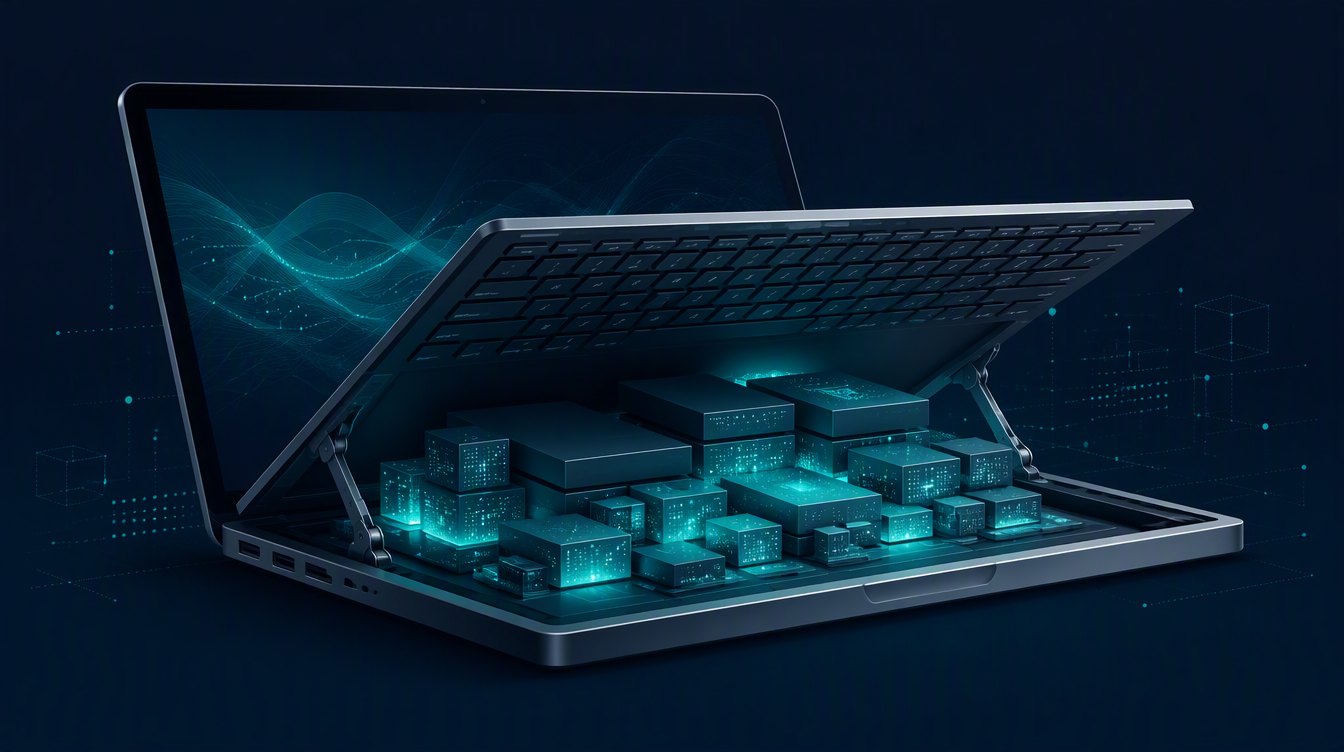 A laptop opened like a car hood revealing heavy hidden data blocks