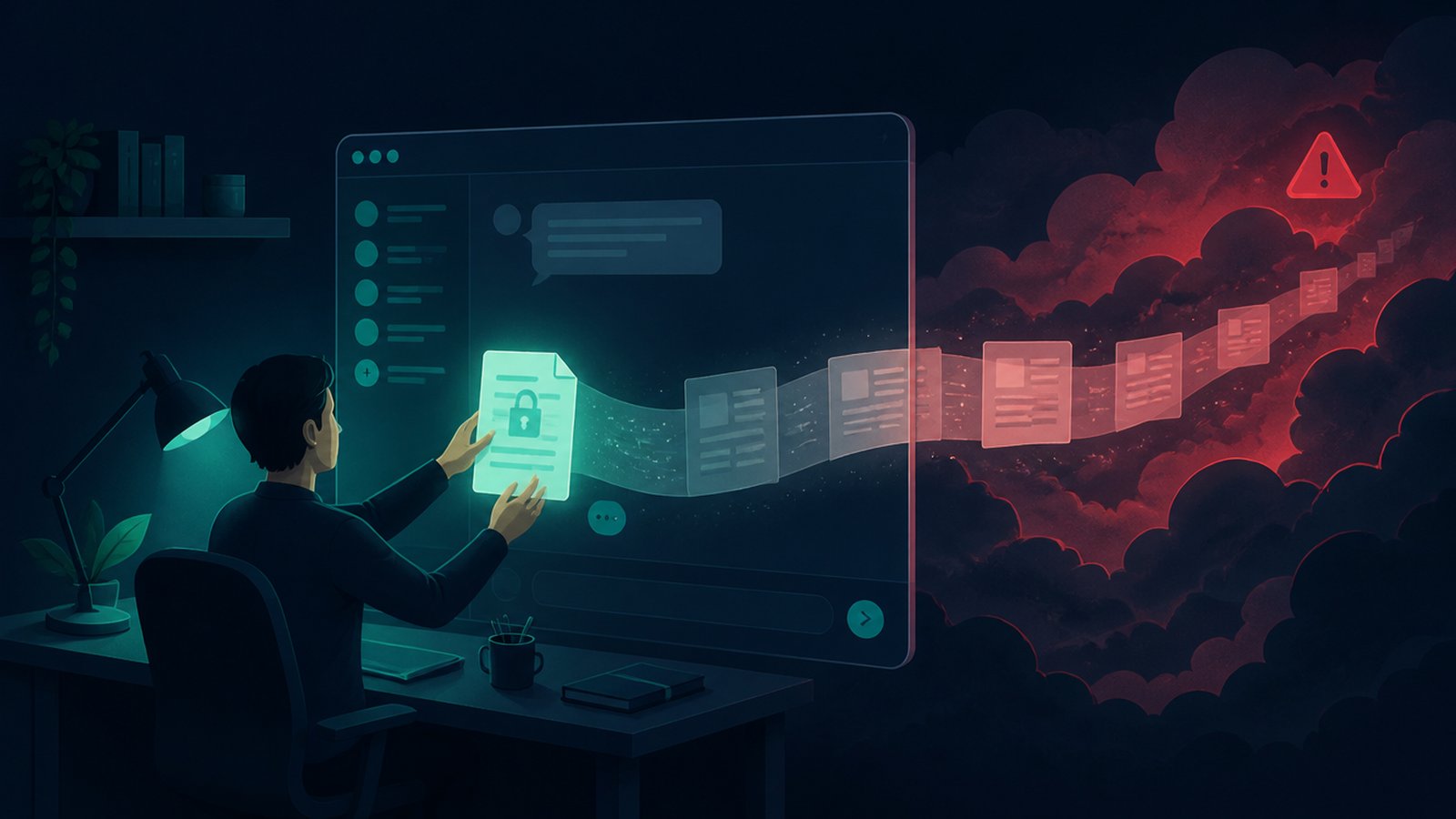 Confidential documents being pasted into an AI chat window — data leaving the building