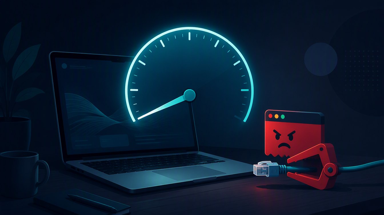 Speed gauge held near zero by the SmartByte app on a Dell laptop