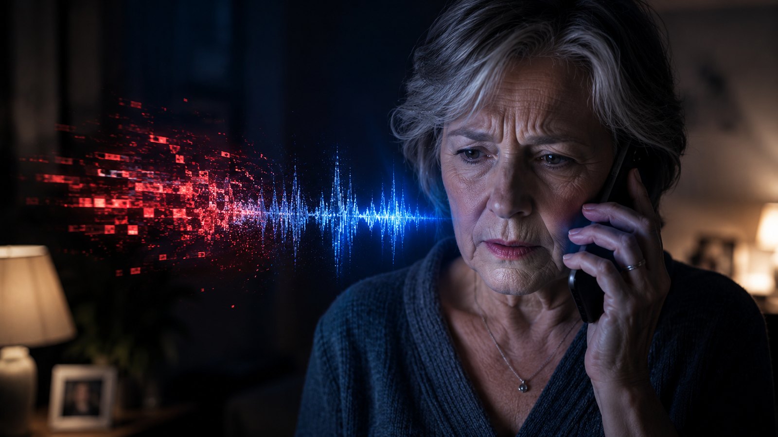 Worried person on a phone call with a glowing soundwave fracturing into glitchy red digital fragments
