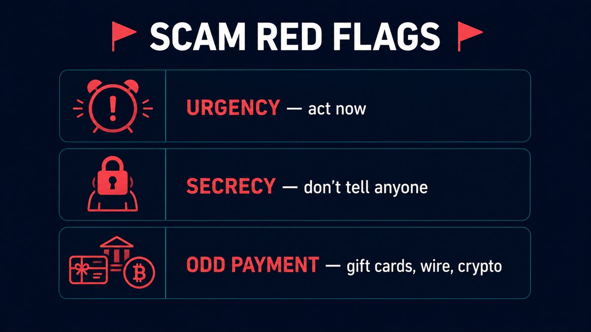 Infographic titled Scam Red Flags listing urgency, secrecy and odd payment methods