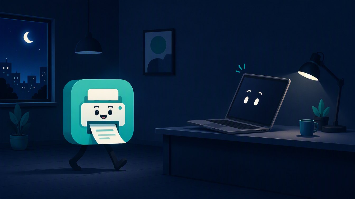 A printer app walking by itself into a laptop that has no printer
