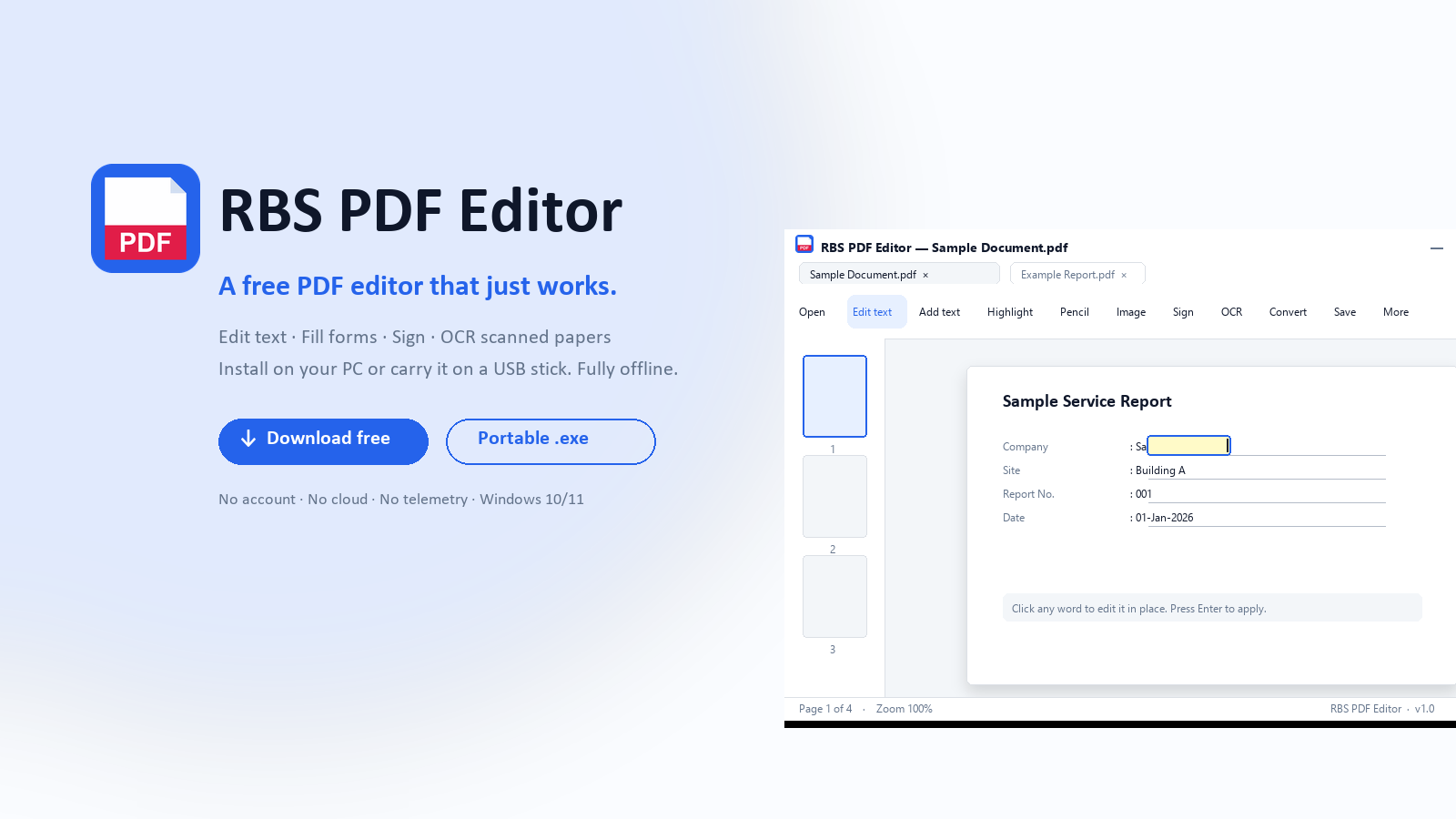 RBS PDF Editor — free offline portable Windows PDF editor screenshot