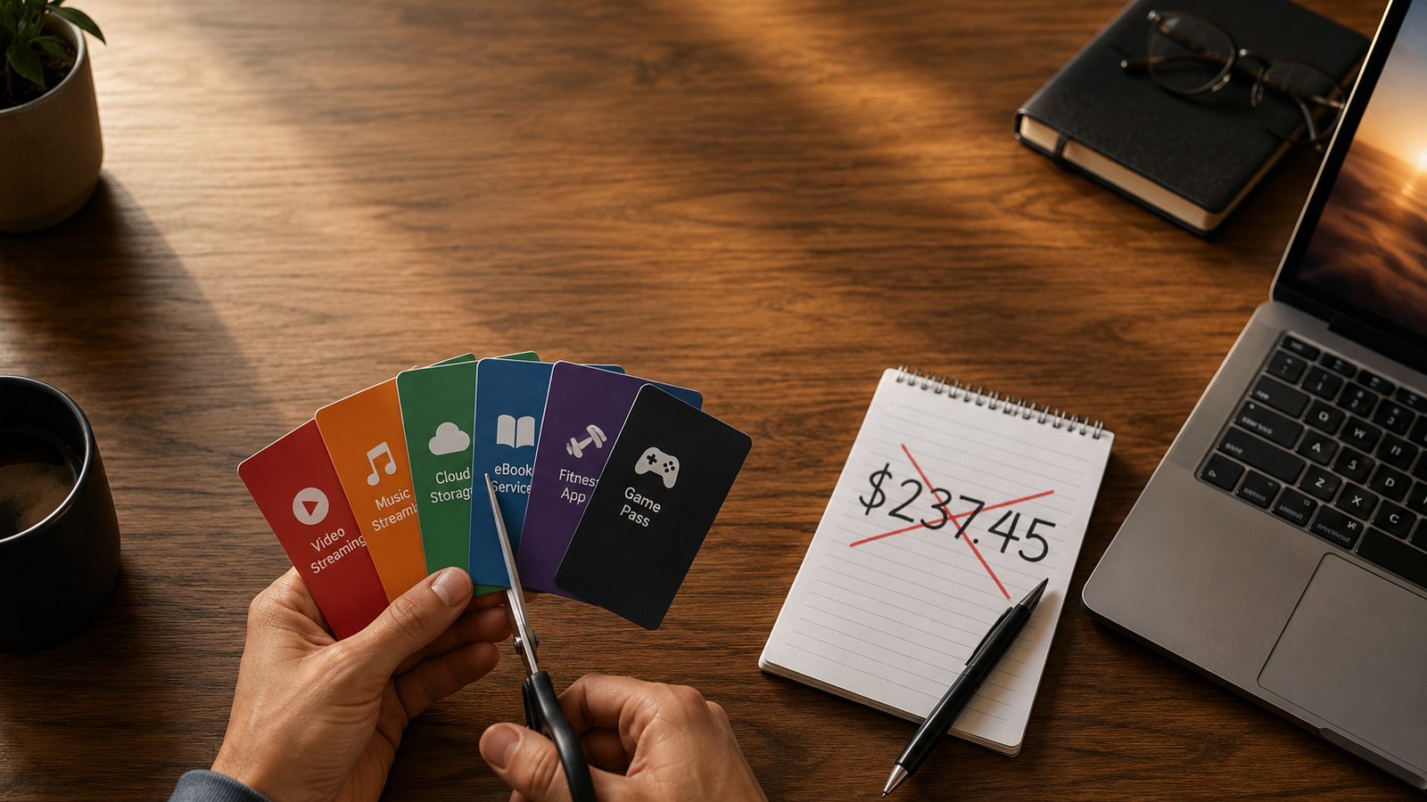 Scissors cutting through a stack of subscription cards on a desk with a crossed-out dollar total