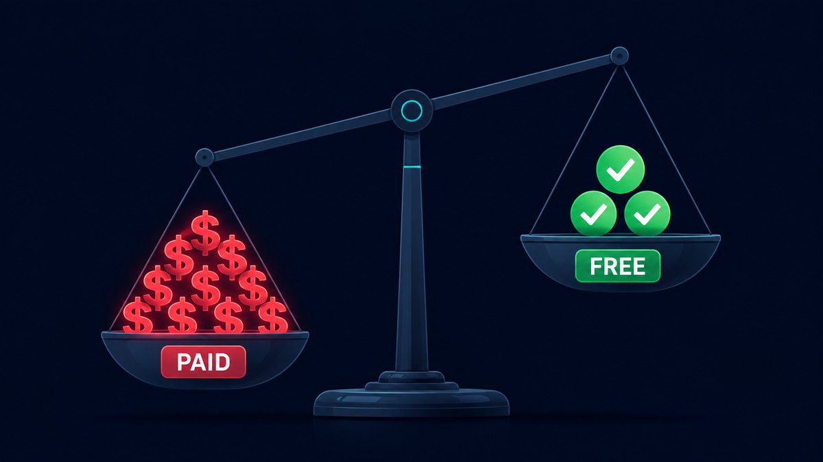 Balance scale weighing a heavy stack of red dollar signs labeled Paid against a lighter stack of green checkmarks labeled Free