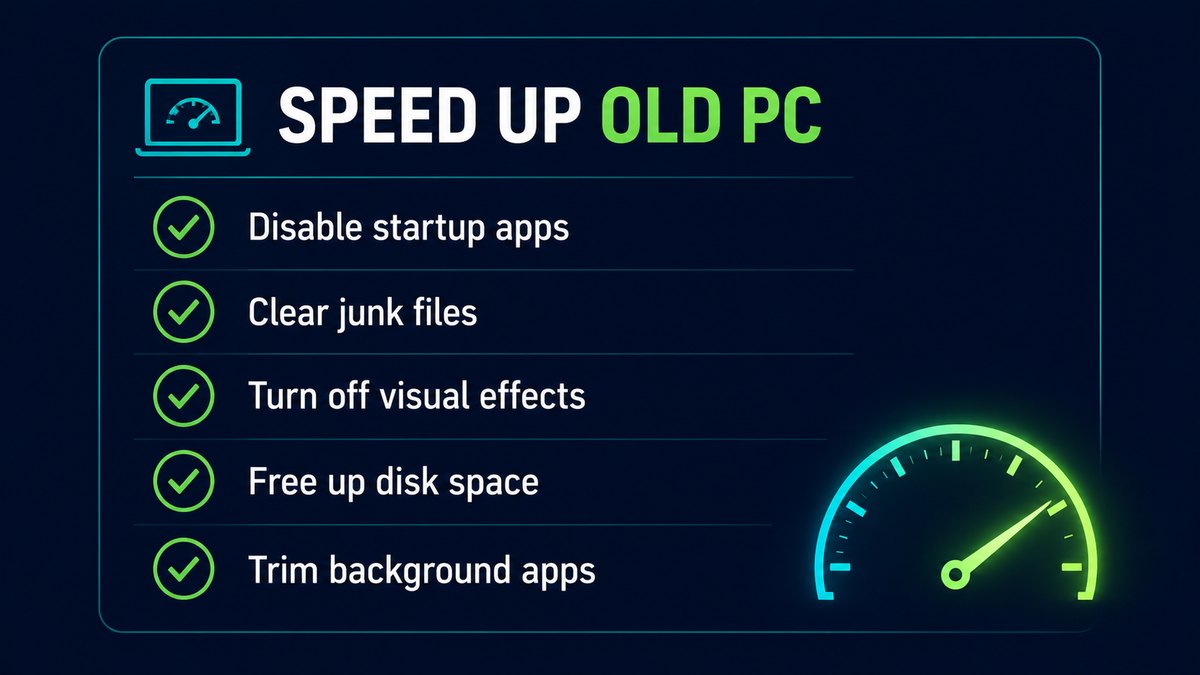 Checklist titled Speed Up Old PC with five items: disable startup apps, clear junk files, turn off visual effects, free up disk space, trim background apps