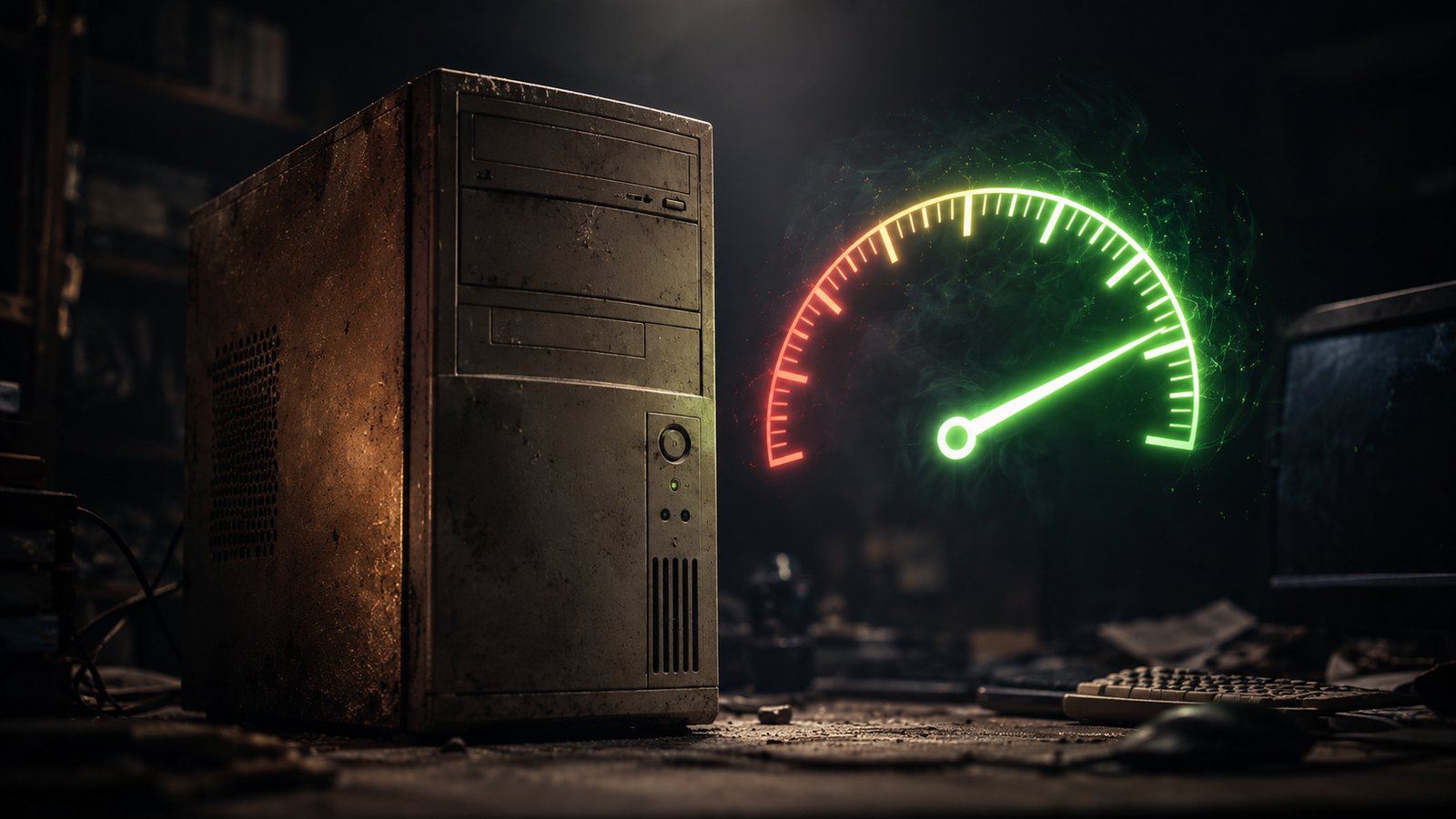 Old dusty desktop PC tower with a glowing green speed gauge sweeping from red to green
