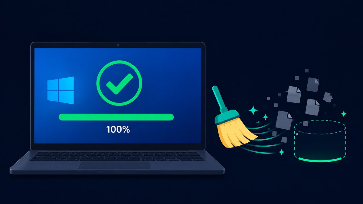 Windows laptop showing a 100% complete update with a green checkmark next to a broom sweeping away junk files