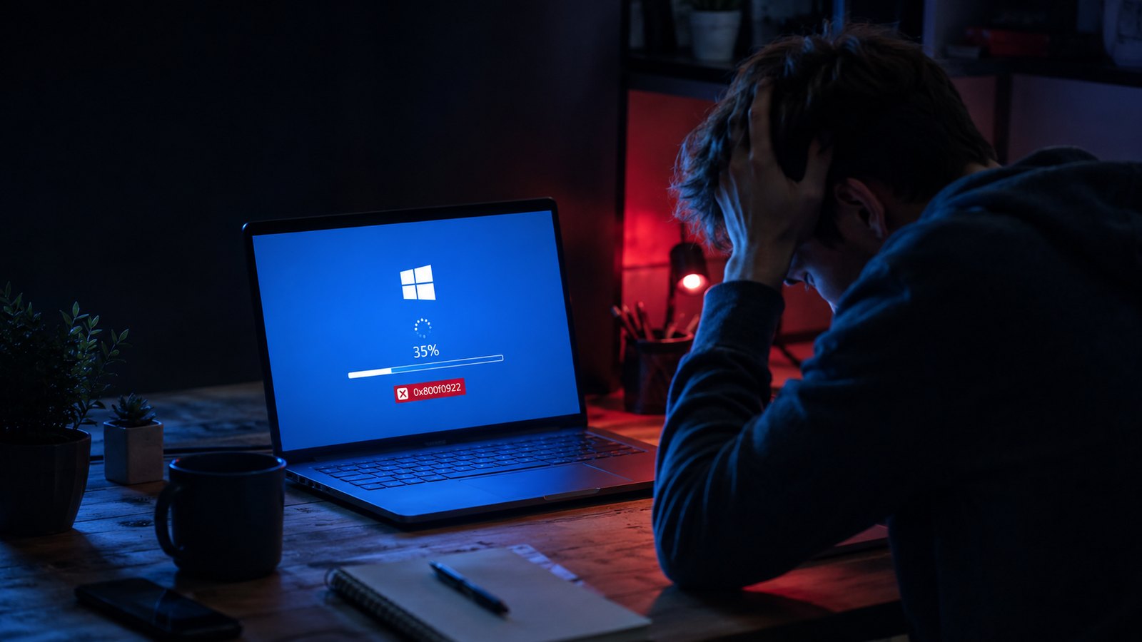 Frustrated person at a laptop showing a Windows update stuck at 35% with error 0x800f0922