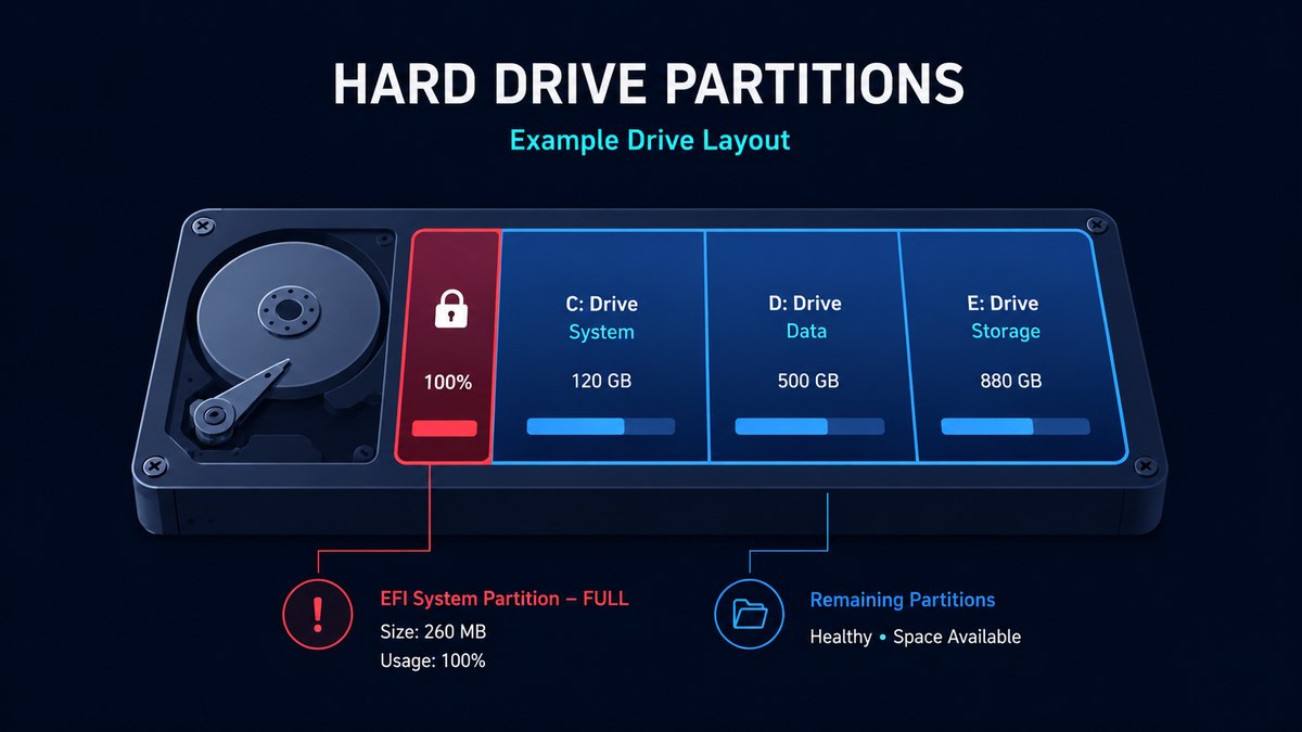 Diagram of a hard drive showing a full EFI System Partition in red next to healthy C, D and E partitions